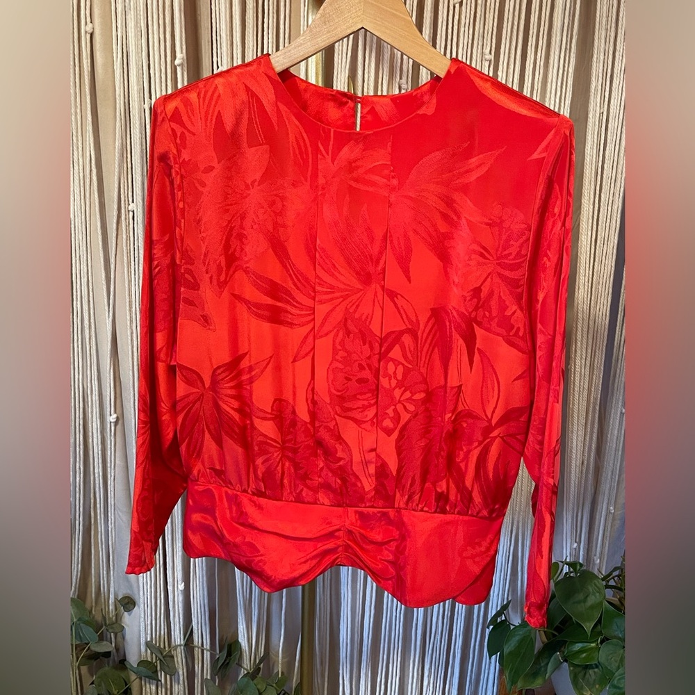 Early 90s vintage red botanical long sleeve blouse w/ ruched waist side buttons